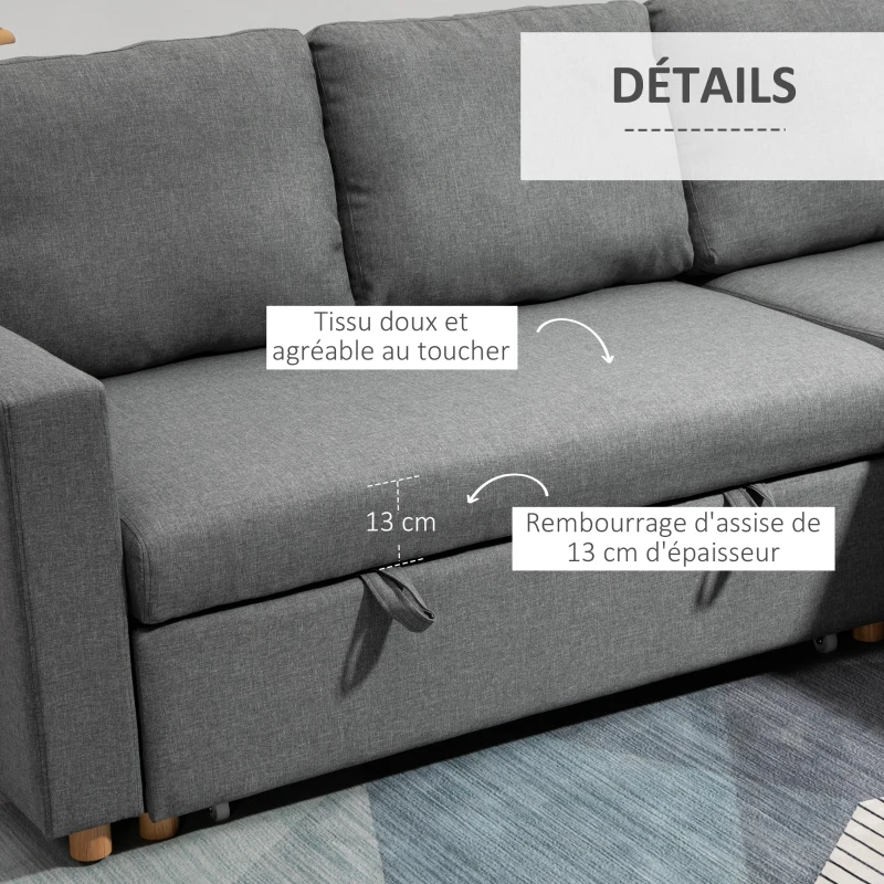 HOMCOM Canapé d'angle convertible canapé lit canapé 3 places modulable avec méridienne réversible, coffre de rangement intégré et 3 coussins de dossier, tissu aspect lin, gris