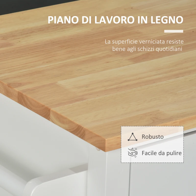 HOMCOM Carrello con Ruote Salvaspazio, Penisola Cucina in Legno Massiccio: 1 Cassetto, 1 Armadietto, 3 Ripiani e 4 Ruote, 107.5x48x89 cm