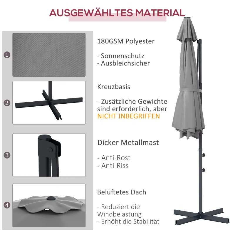 Outsunny Ø3 m Ampelschirm, neigbar, drehbar, Handkurbel, Windhaube, Metallmast, Dunkelgrau