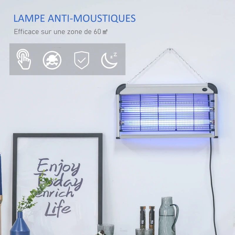 Outsunny Lampe anti-moustique, tueur d'insectes électrique UV 30W, tue-mouche électrique, piège à moustique, efficace sur une surface de 60 m², pour intérieur et extérieur, noir gris