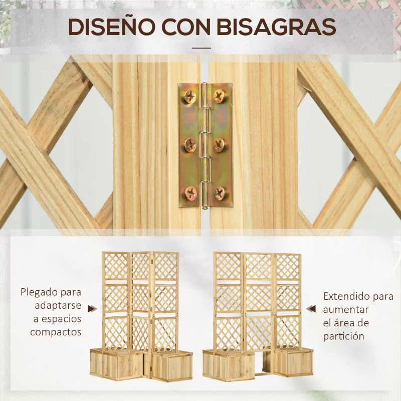 Outsunny Biombo Exterior de 3 Paneles de Madera con 4 Jardineras Separador de Ambientes 133x62x165 cm Natural