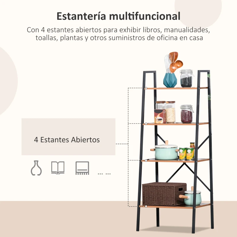 HOMCOM Estantería de Escalera Estantería Industrial Librería con 4 Estantes para Libros para Salón 60x35x145 cm Marrón Rústico