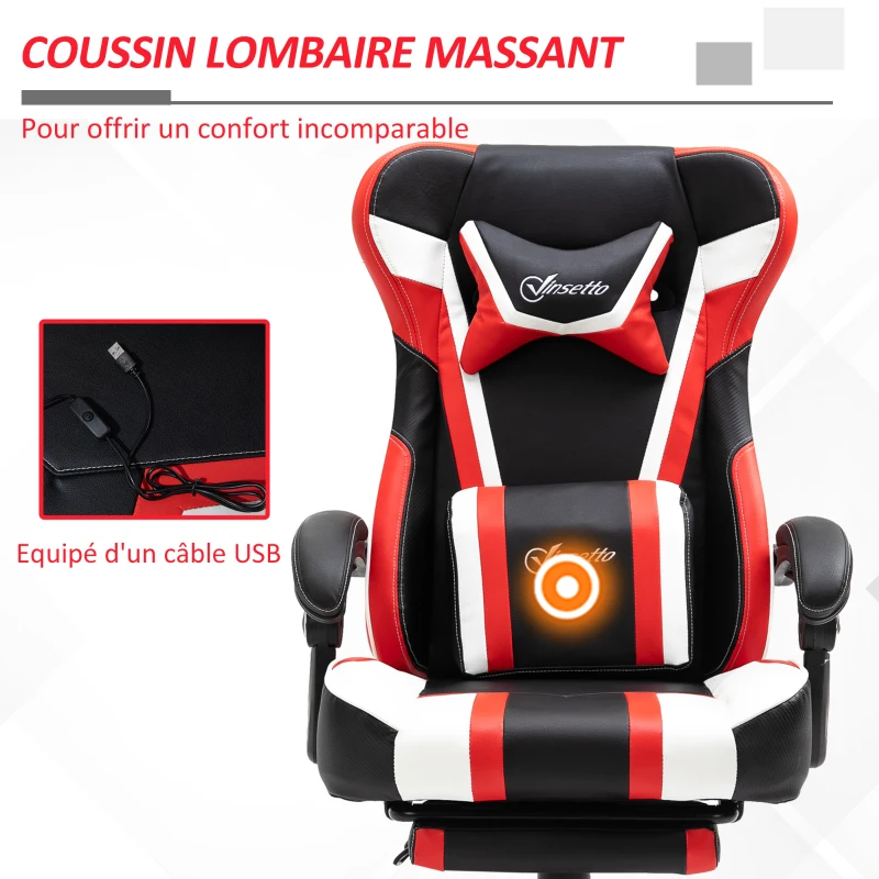 Vinsetto Fauteuil de bureau gaming massant - pivotant, inclinable, réglable - coussin lombaire, tétière, repose-pieds inclus - PVC rouge blanc noir