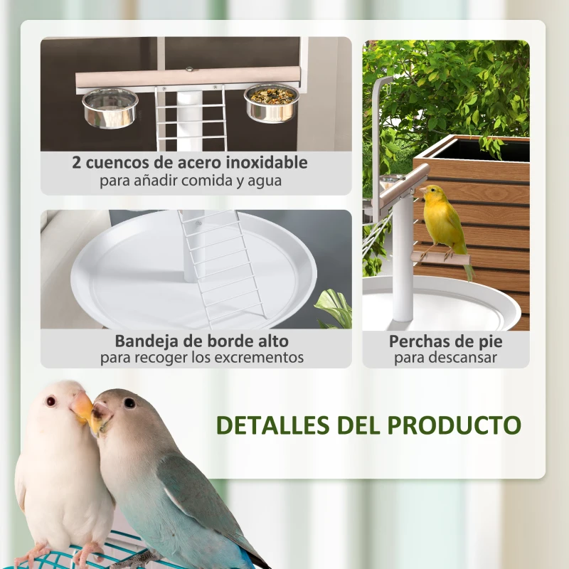 PawHut Comedero para Pájaros de Pie Ø60x138 cm con 4 Ruedas 2 Cuenco de Acero Inoxidable y 2 Perchas Blanco