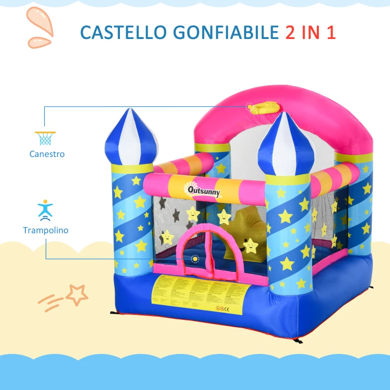 Outsunny Castello Gonfiabile Gigante Colorato e con Gonfiatore, Gioco Gonfiabile per Bambini 3-8 Anni, 195x195x215cm