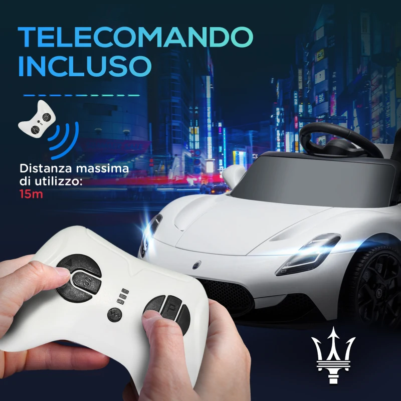 AIYAPLAY Macchina per Bambini Maserati MC20, Guida Manuale, Telecomando e Fari LED, Età 3-6 Anni, Bianco