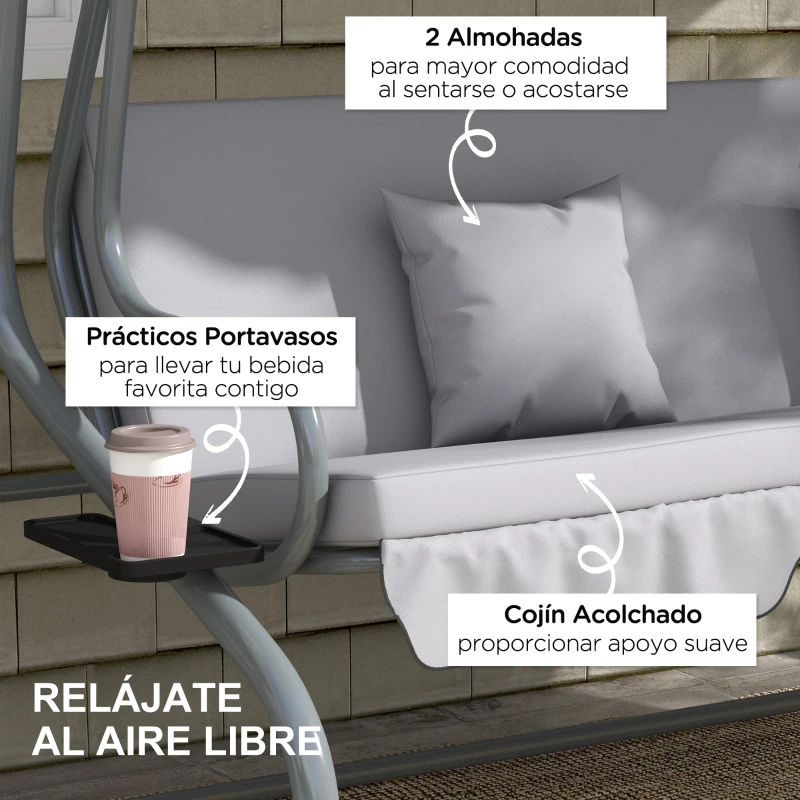 Outsunny Balancín de Jardín Exterior de 3 Plazas Convertible en Cama con Toldo Ajustable y 2 Almohadas Carga 340 kg Gris