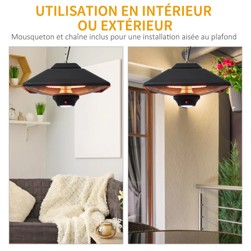 Outsunny Chauffage radiant suspendu IP24 et 20 m² chauffage d'appoint sans CO₂ dim. 43L x 43l x 25H cm 2 tubes 1000/2000 W extérieur intérieur télécommande éclairage LED intégré noir