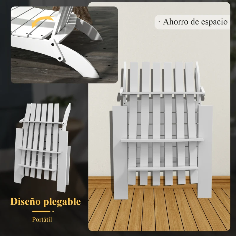 Outsunny Silla Adirondack Plegable con Reposabrazos Carga 160 kg para Patio Terraza Balcón 68x81x93 cm Blanco