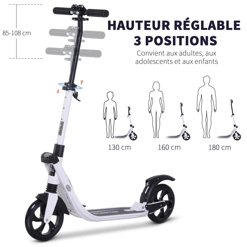 HOMCOM Trottinette pliable pour adultes enfants dolescents à partir 14 ans hauteur guidon réglable double système d'absorption des chocs roues PU alu dim. 94 x 38 x 95-105 cm blanc
