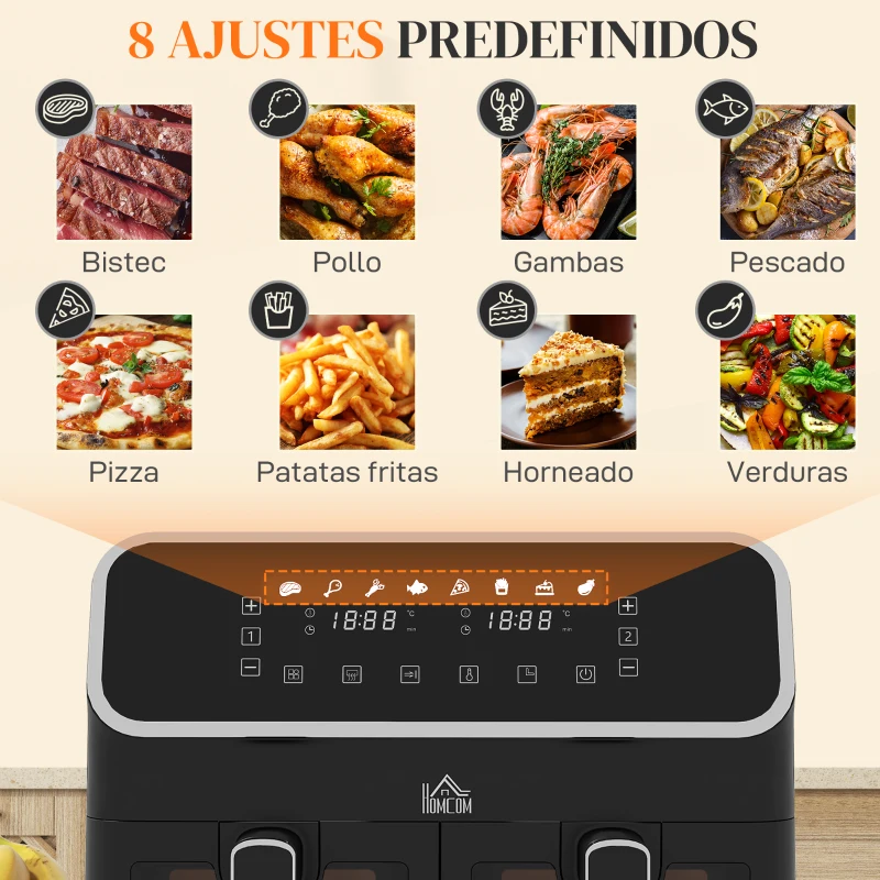 HOMCOM Freidora de Aire de 8L Freidora sin Aceite 2700W con 2 Cestas 8 Programas y Pantalla Digital Táctil 39x38,5x31cm Negro