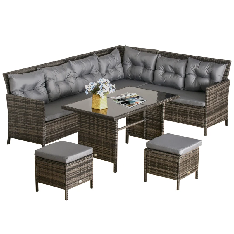 Outsunny Gartenmöbel-Set aus PE-Rattan, für 5 Personen, Rattan-Lounge-Set, abnehmbare Polster, Grau + Braun