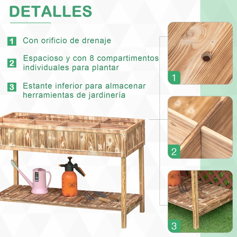 Outsunny Huerto Urbano de Madera 120x60x81 cm Jardinera Elevada para Cultivo de Plantas Flores Mesa de Cultivo con Estante Inferior para Jardín Terraza Exterior Carbanizado