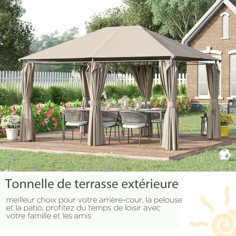 Outsunny Tonnelle de jardin barnum pavillon style colonial double-toit toiles latérales amovibles 4L x 3l x 2,72H m kaki