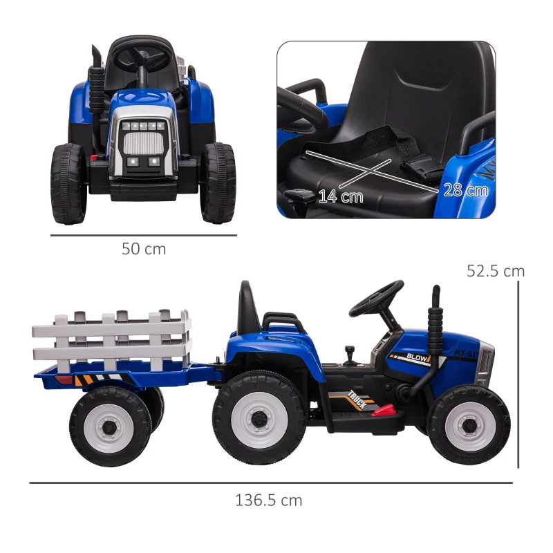 HOMCOM Ride On Tractor, Battery Powered Electric Car, with Detachable Trailer, Remote Control, Music, Blue