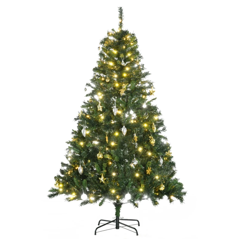 HOMCOM Künstlicher Weihnachtsbaum 180 cm künstlich Tannenbaum mit LED Beleuchtung, Kugeln, Christbaum mit 745 Spitzen, Weihnachtsdeko inkl. Metallständer für Drinnen