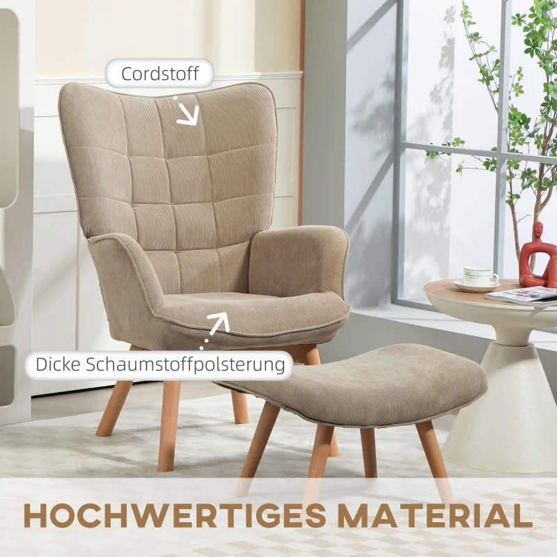HOMCOM Akzentsessel mit Hocker, Relaxsessel in Cord-Optik, Armlehnstuhl mit Holzbeinen, für Wohnzimmer, Hellbraun(m-4)