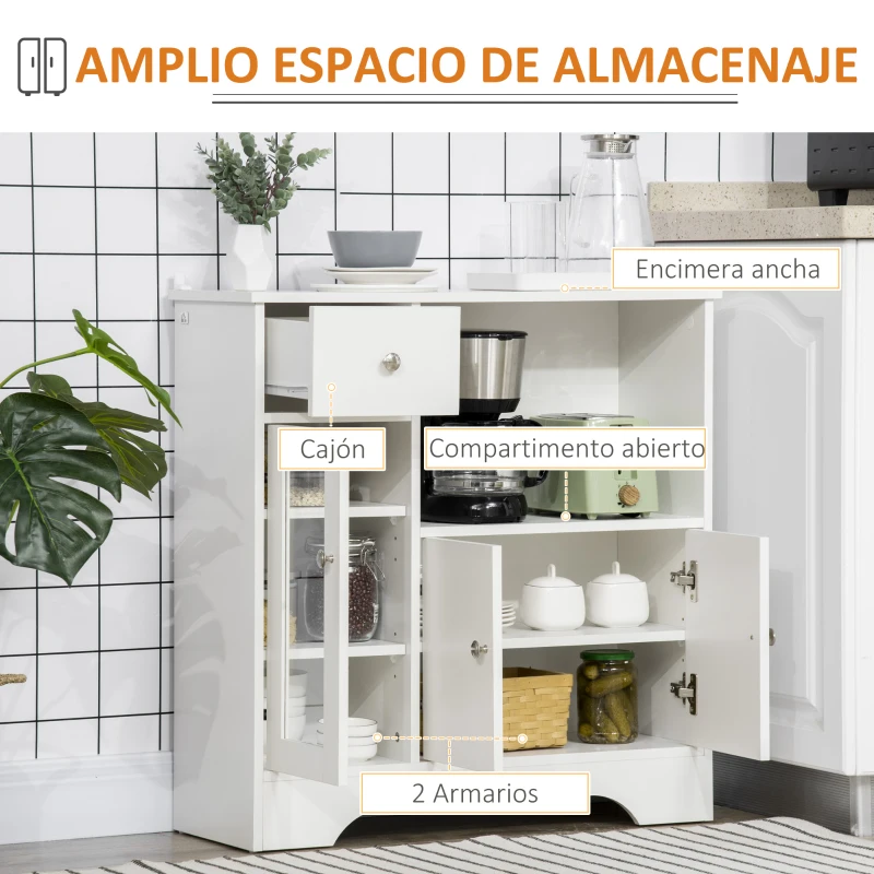HOMCOM Aparador de Cocina Moderno con Puerta de Vidrio Mueble Auxiliar de Almacenaje para Comedor 80x30x82 cm Blanco(m-4)