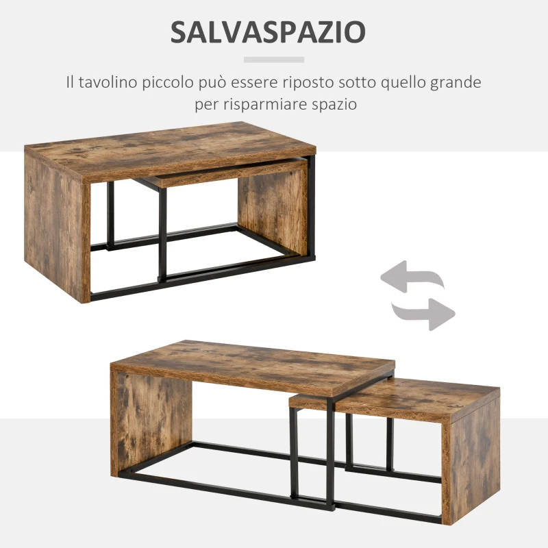 HOMCOM Set di 2 Tavolini da Salotto Impilabili e Salvaspazio in Stile Industriale, Legno MDF e Metallo, Marrone e Nero