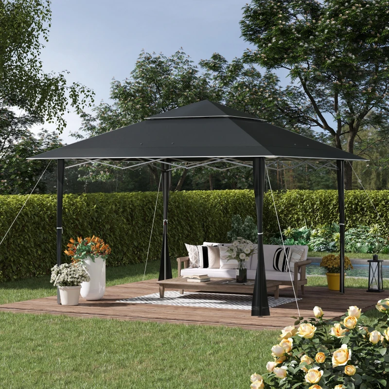 Outsunny 4 x 4m Pop-up Gazebo Double Roof Canopy Tent with UV Proof, Roller Bag & 3-Level Height Adjustable Outdoor Party, Steel Frame, Dark Grey