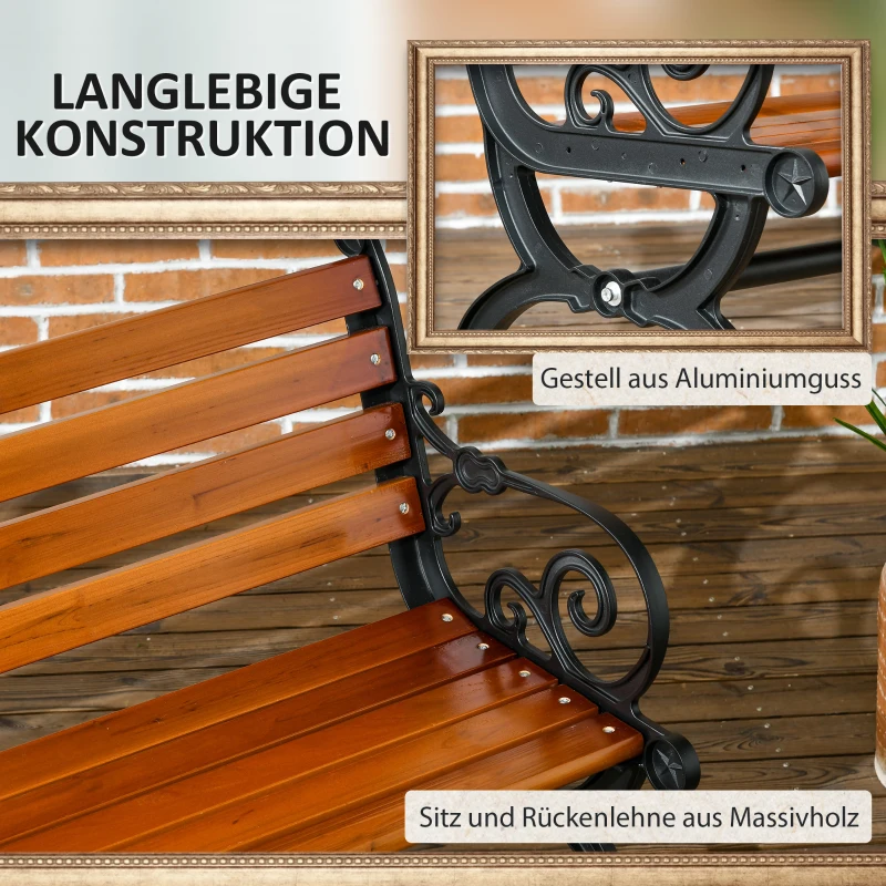 Outsunny Sitzbank für 2 Personen, dekorative Armlehnen, für Garten & Terrasse, Gussaluminium+Naturholz, 120 x 64 x 79 cm, Teak