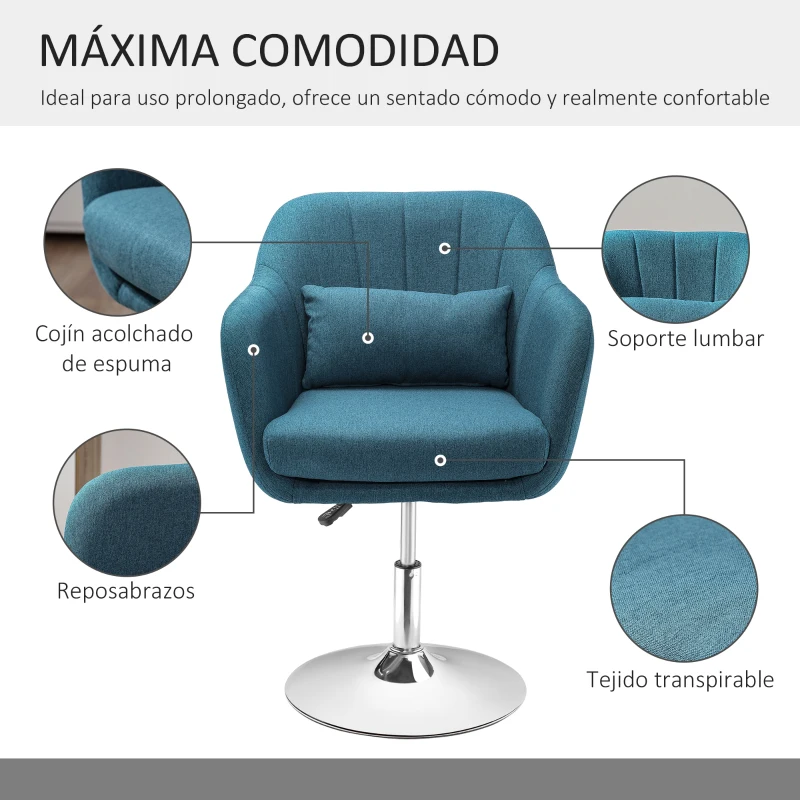 HOMCOM Sillón para Salón Giratorio 360° con Altura Ajustable Respaldo Envolvente Reposabrazos y Cojín 60x60x79-91 cm Azul