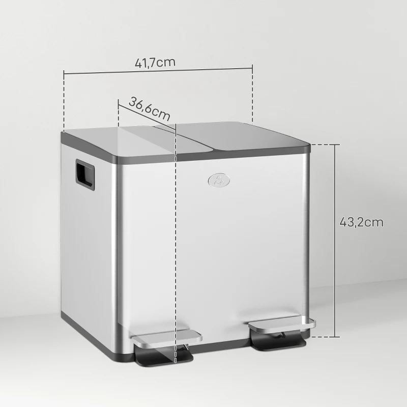 HOMCOM Papelera Cocina de Acero Inoxidable con 2 Compartimentos 2x15L Pedal Tapas de Cierre Suave y Cubo Extraíble Plata