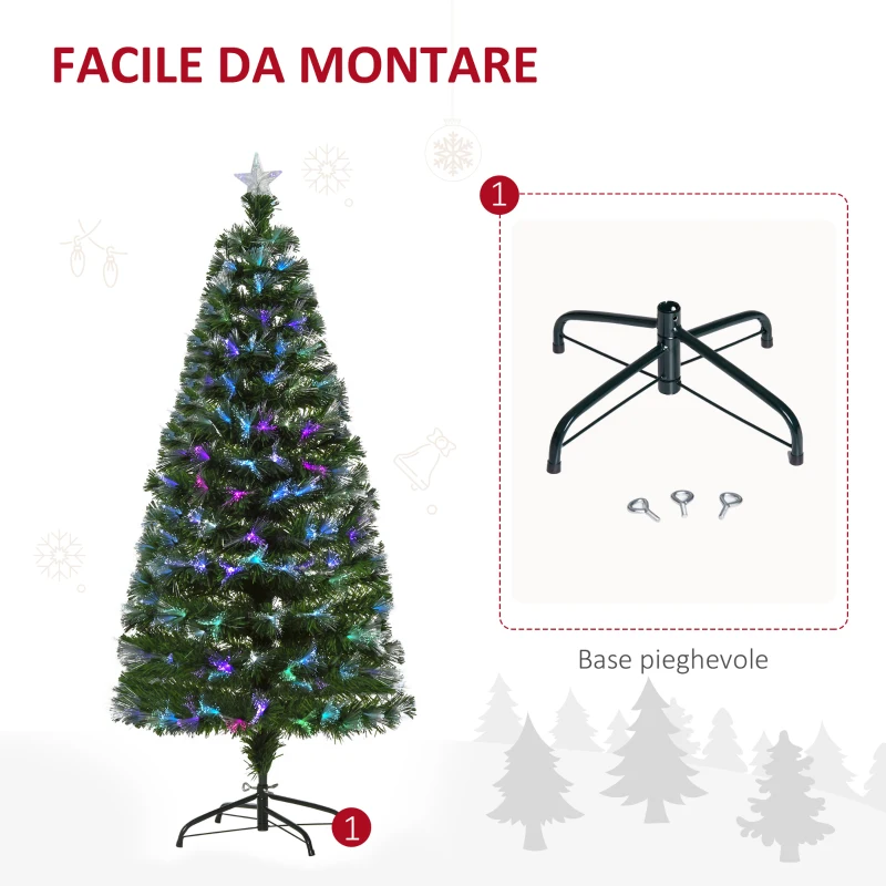 HOMCOM Albero di Natale 150cm con 180 Luci a LED e Fibre Ottiche Colorate, 180 Rami in PVC Ignifughi e Base in Metallo