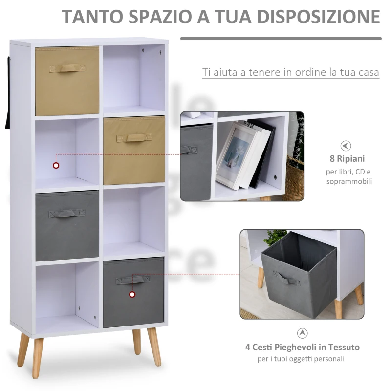 HOMCOM Armadietto Libreria in Legno Bianco 8 Ripiani e 4 Cassetti Pieghevoli in Tessuto Grigio e Marrone 54.5x24x122.5cm