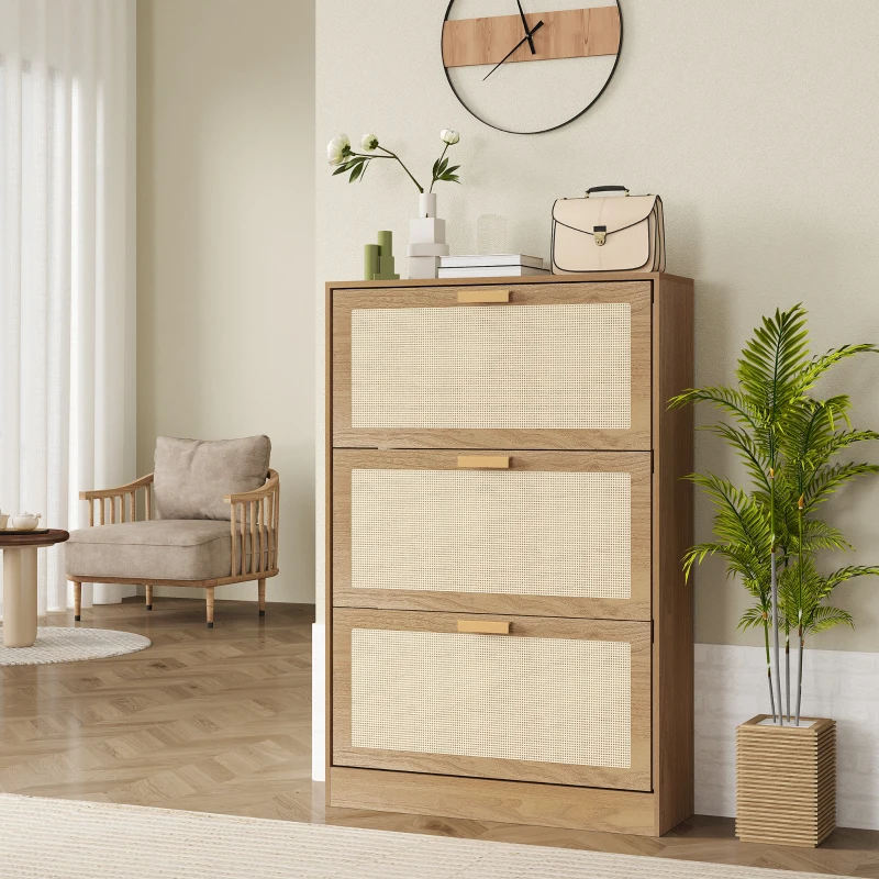 HOMCOM Mobile Scarpiera per 18 Paia di Scarpe con 3 Cassetti Ribaltabili in Legno e Rattan, 80x25x120 cm, Marrone