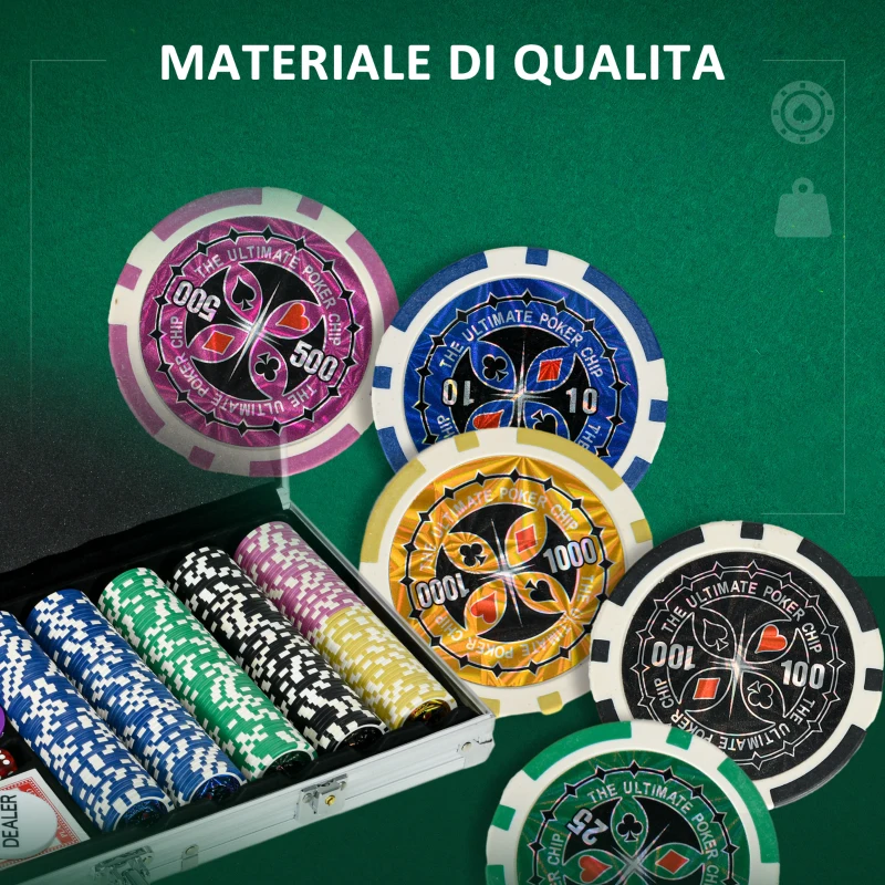 SPORTNOW Set Poker per 9-10 Giocatori con 500 Fiches, 2 Mazzi di Carte e 5 Dadi, in Alluminio e Poliestere