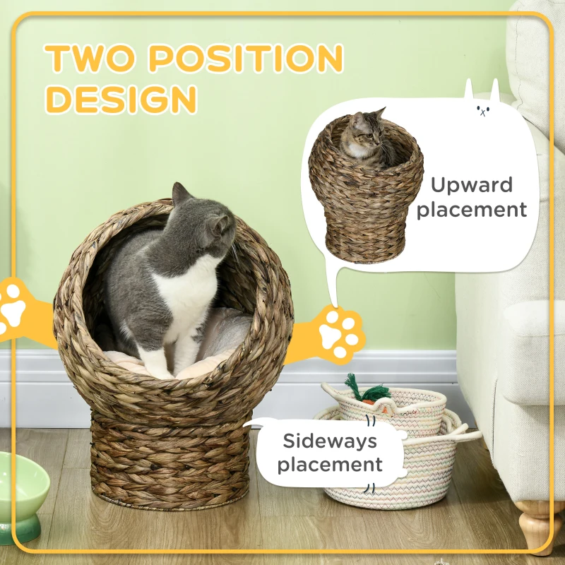 PawHut Woven Banana Leaf Elevated Cat Bed Wicker Kitten Basket Pet Den. House Cosy Cave with Soft Cushion Dome 40x37x51cm Grey