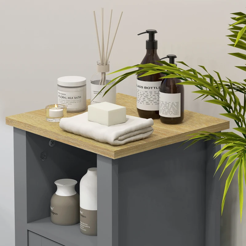 kleankin Meuble de salle de bain sur pied avec placard à 2 niveaux étagère réglable poignées en similicuir 32 x 30 x 80 cm gris