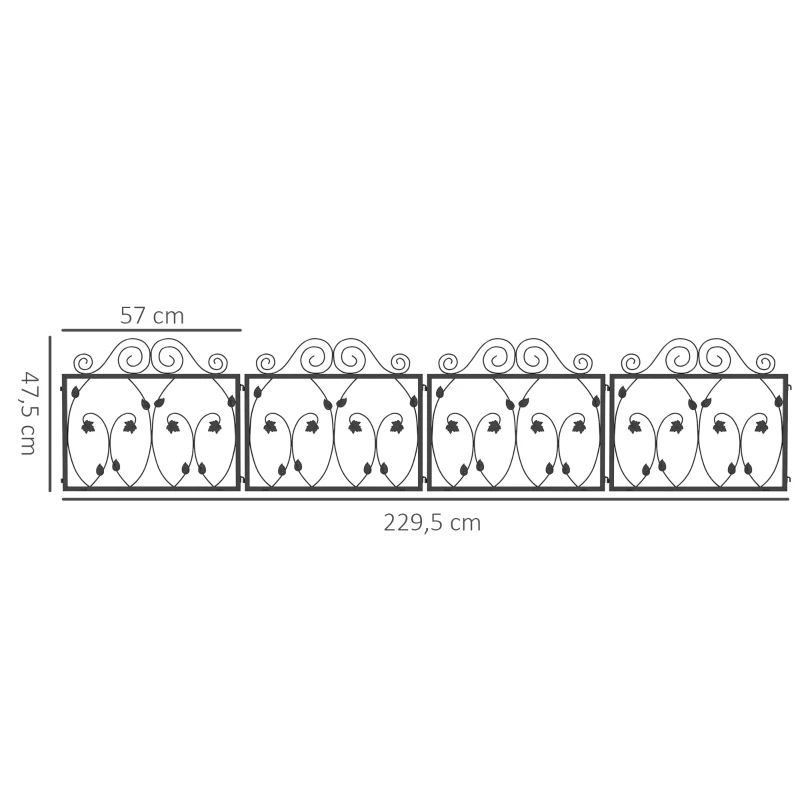 Outsunny Lot de 4 clôtures de jardin décoratives en métal avec ornements, angle ajustable -dim. 229,5L x 47,5H cm noir