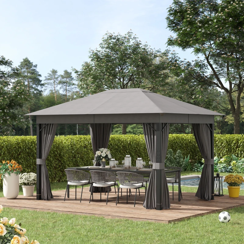 Outsunny Cenador de Jardín 4x3 m Pabellón con Techo de Ventilación 4 Cortinas Laterales con Puerta y 8 Orificio de Drenaje Gazebo de Aluminio para Exterior Patio Fiestas Gris