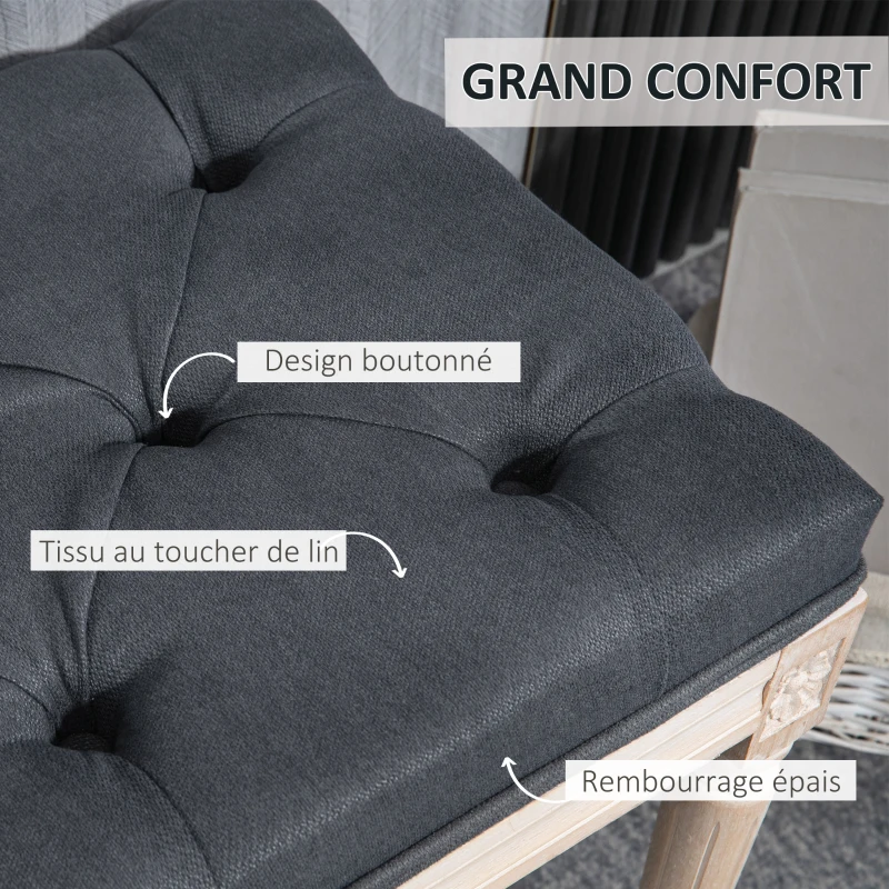 HOMCOM Banc bout de lit banquette capitonnée style vintage français revêtement tissu aspect lin pieds en bois massif gris
