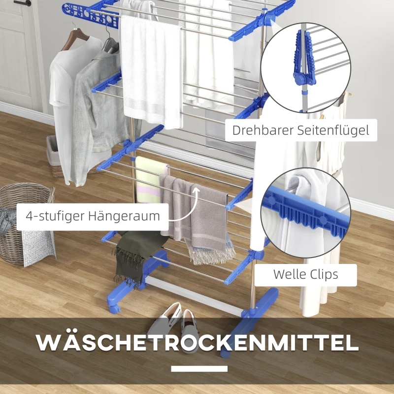 HOMCOM Wäschenständer Wäschetrockner 5 Ebenen, klappbar, One-Klick-System, 142 cm x 55 cm x1 72 cm, Blau + Silber