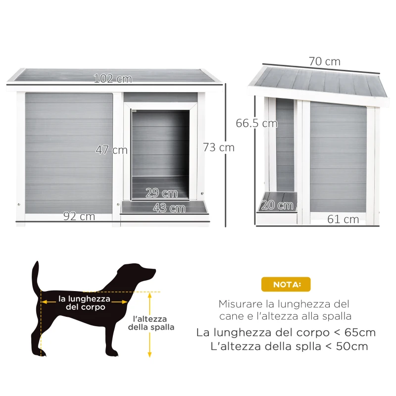 PawHut Casetta per Cani da Esterno con Porta e Terrazza, Cuccia per Cani di Taglia Media, Tetto Apribile e Finestra, Grigio