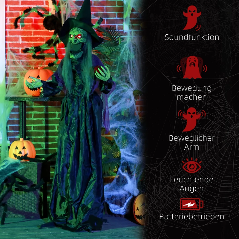 HOMCOM Hexe mit Giftapfel, Helloweendeko, gruselige Laute, rote Augen, bewegliche Arme, 180 cm(m-7)