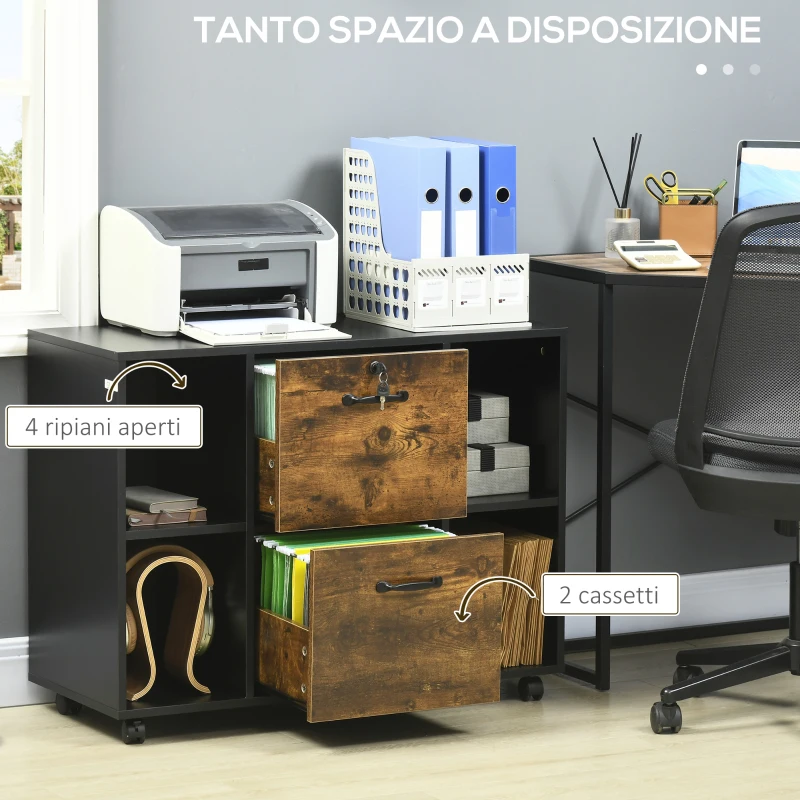 Vinsetto Mobile da Ufficio 2 Cassetti Porta Documenti e Ripiani, Ruote con Blocco, 90x37.5x68.5cm, Marrone Rustico