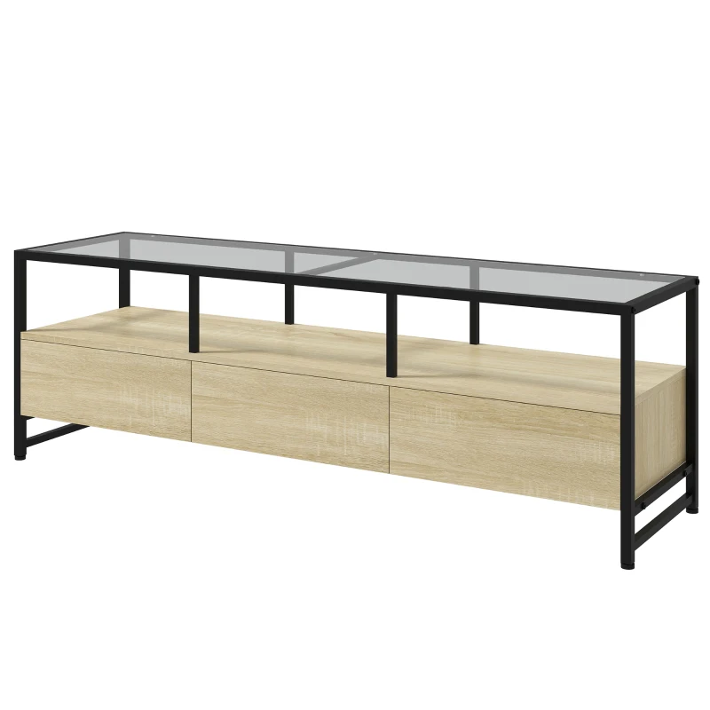 HOMCOM Meuble TV pour télévision jusqu'à 65 pouces plateau en verre trempé strucuture en acier avec 3 tiroirs 148 x 40 x 47 cm