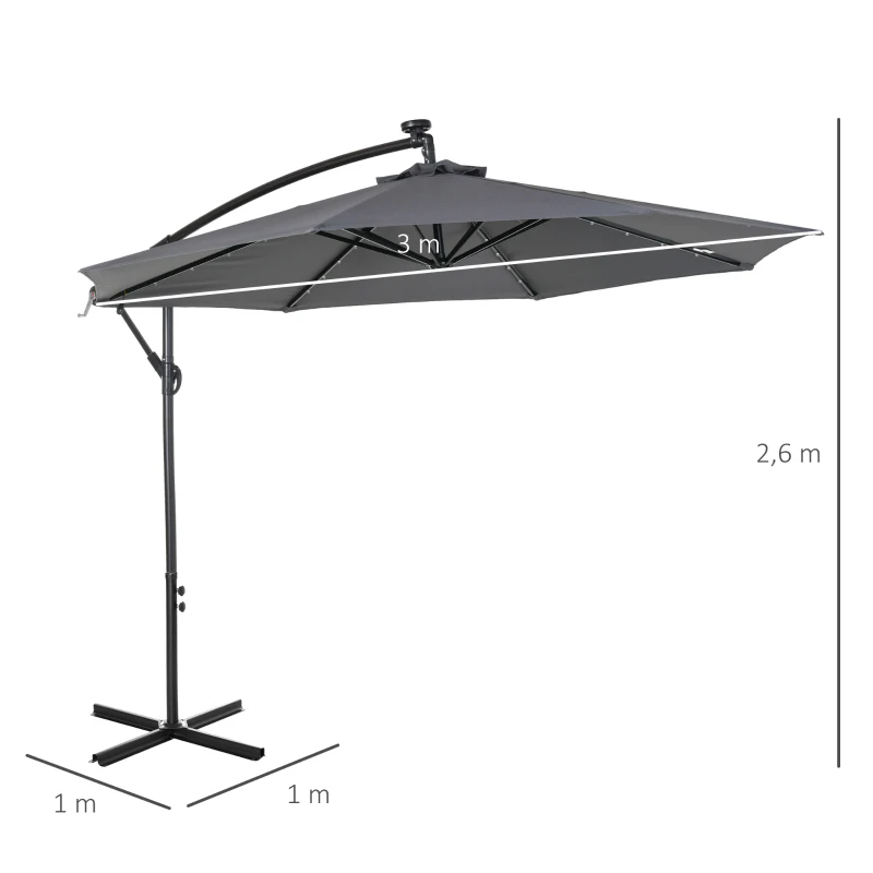 Outsunny Parasol déporté octogonal parasol LED inclinable manivelle piètement acier dim. Ø 3 x 2,6H m gris