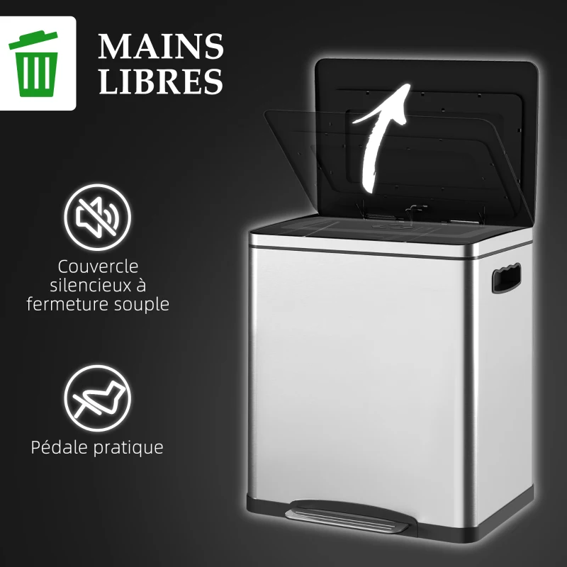 HOMCOM Poubelle de cuisine 2 compartiments de 2 x 15L, avec pédale, en acier inoxydable, couvercle à fermeture douce