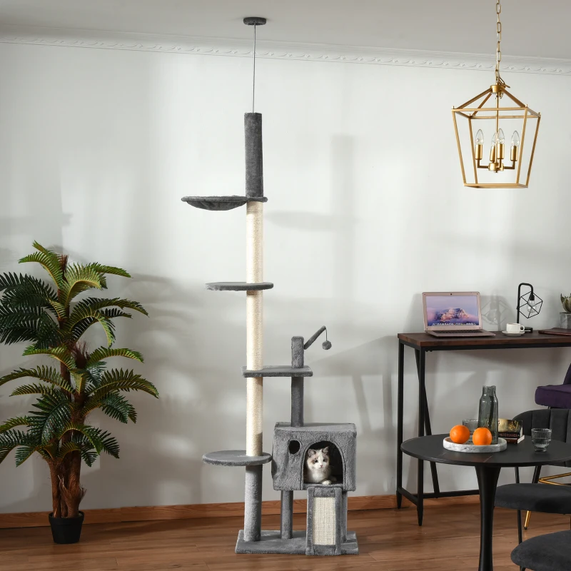 PawHut Kratzbaum Katzenbaum Deckenhoch Kletterbaum mit Spielbaum Katze Sisal Plüsch Hellgrau höhenverstellbar 60 x 40 x 238-270 cm