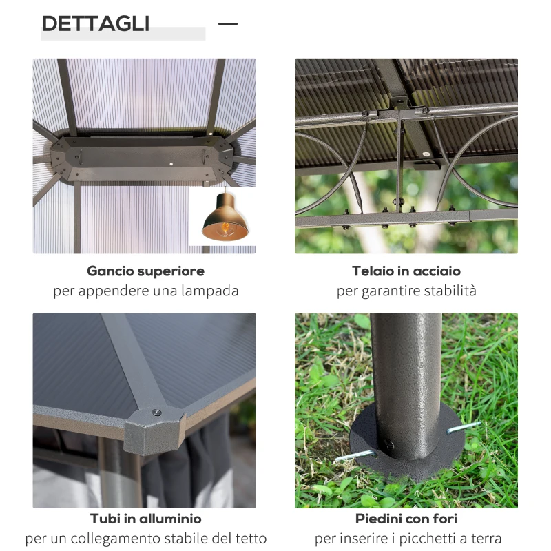 Outsunny Gazebo da Giardino 3.6x3m con Tetto in Policarbonato Anti UV e Tende, Grigio