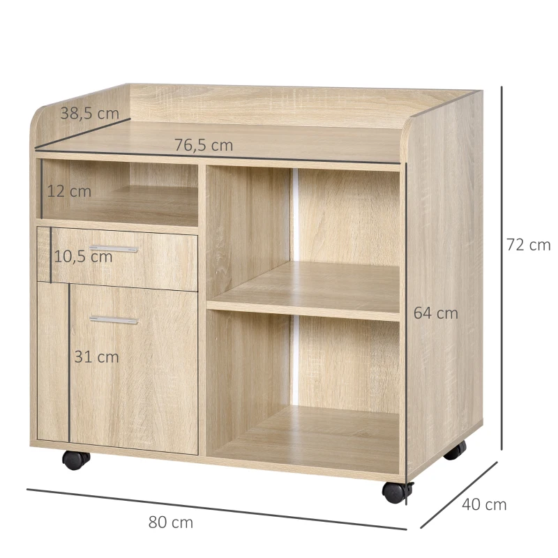 Vinsetto Armario para Impresora con 3 Compartimentos 2 Cajones para Archivos Estante Ajustable Ruedas 80x40x72 cm Roble
