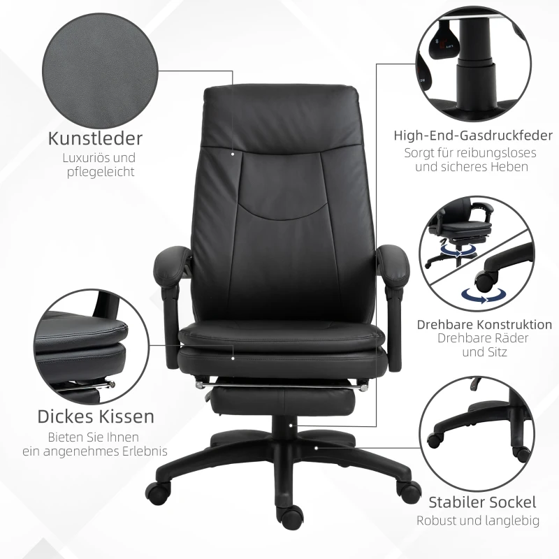 Vinsetto Ergonomischer Bürostuhl mit Fußstütze, Chefsessel, höhenverstellbarer Schreibtischstuhl Computerstuhl mit Gepolsterte Rückenlehne, Schwarz, 64 x 64 x 112-120 cm