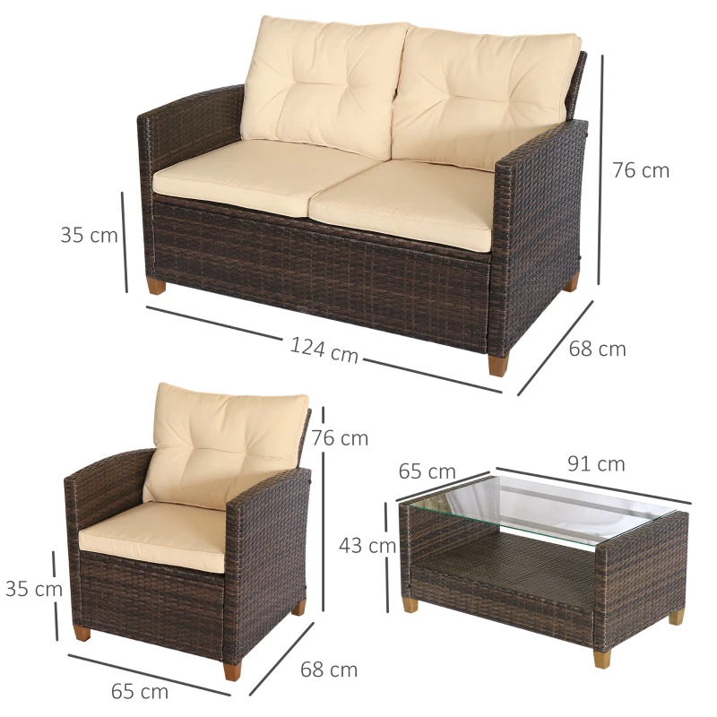 Outsunny Set Mobili da Giardino 4 Pezzi in Rattan PE e Tavolino, Divano e Poltrone Imbottiti Marrone e Beige 124x68x76cm
