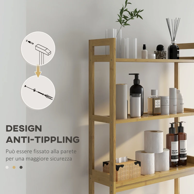 kleankin Mobile Sopra WC Salvaspazio a 3 Ripiani Aperti a Doghe, in Bambù, 68x20x165 cm, color Bambù