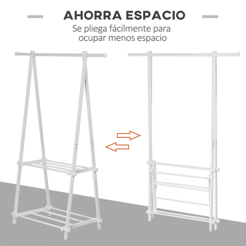 HOMCOM Perchero de Pie Plegable con 2 Estantes y Barra para Colgar Ropa Perchero para Dormitorio Entrada 107,5x45x150 cm Blanco